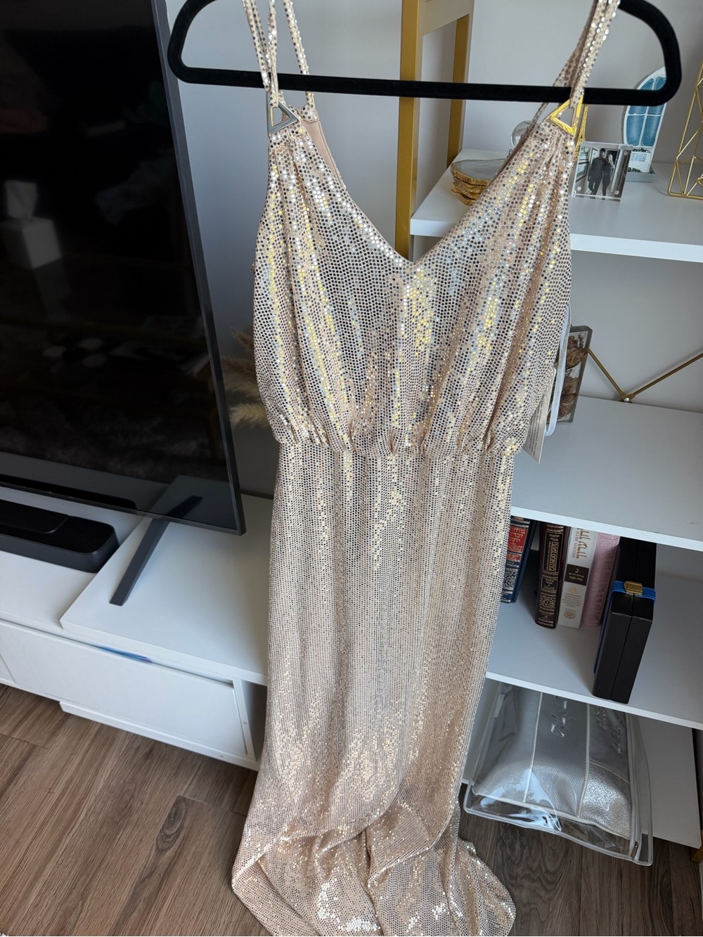 Calvin Klein Champagne Sequin V-Neck Gown